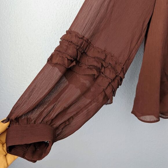 Ann Taylor Blouse Long Sleeve Ruffle Ballon Sleeve Lined Deep Purple Small Dolly - Picture 4 of 9